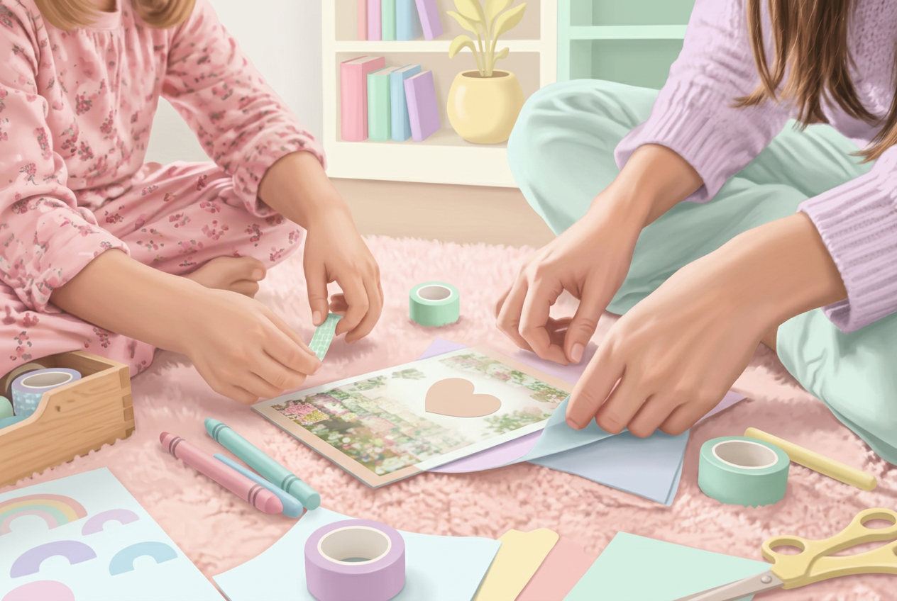 A child and an older sitter making a paper craft together